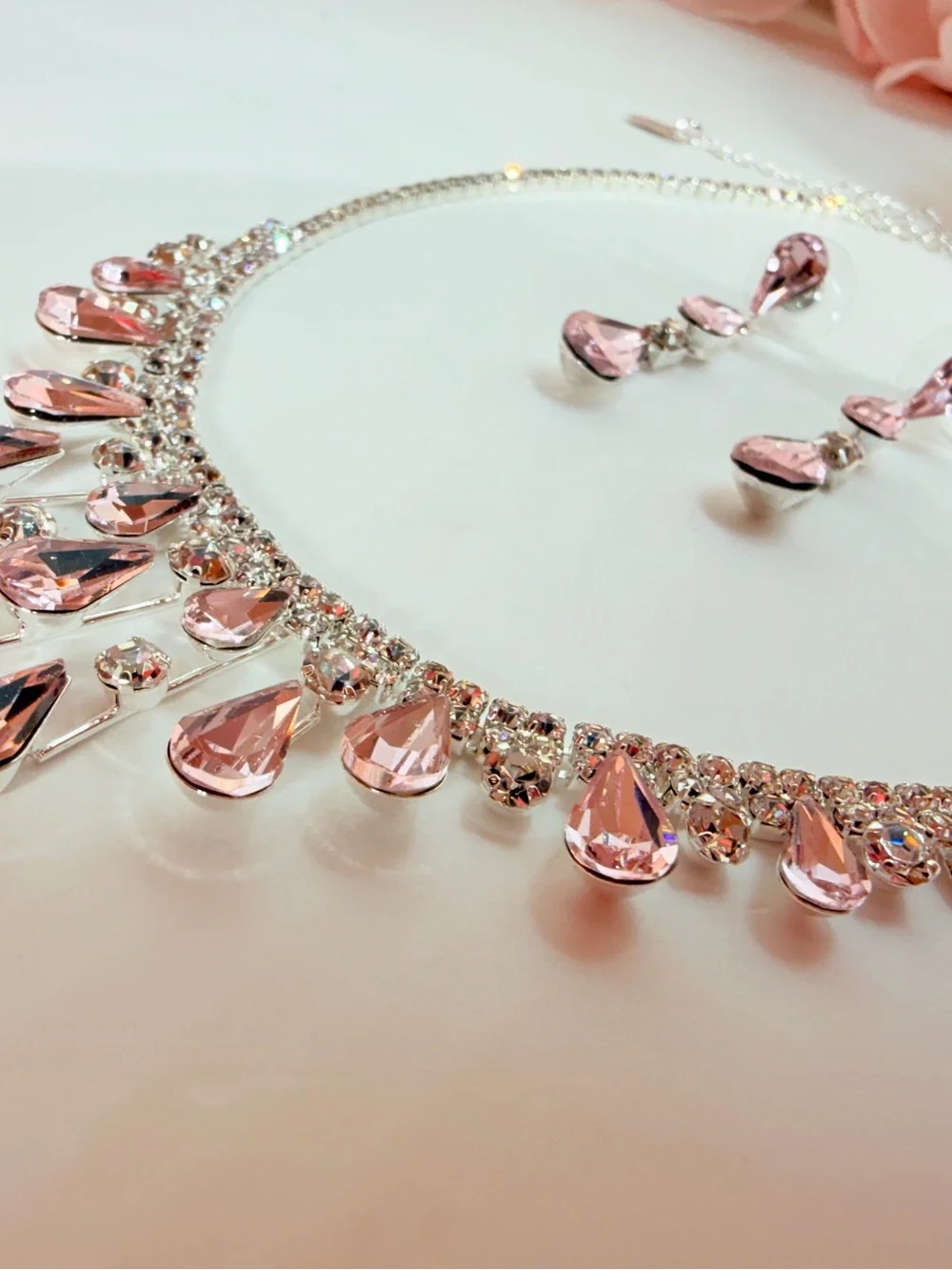 Pink Teardrop Crystal Necklace and Earring Set